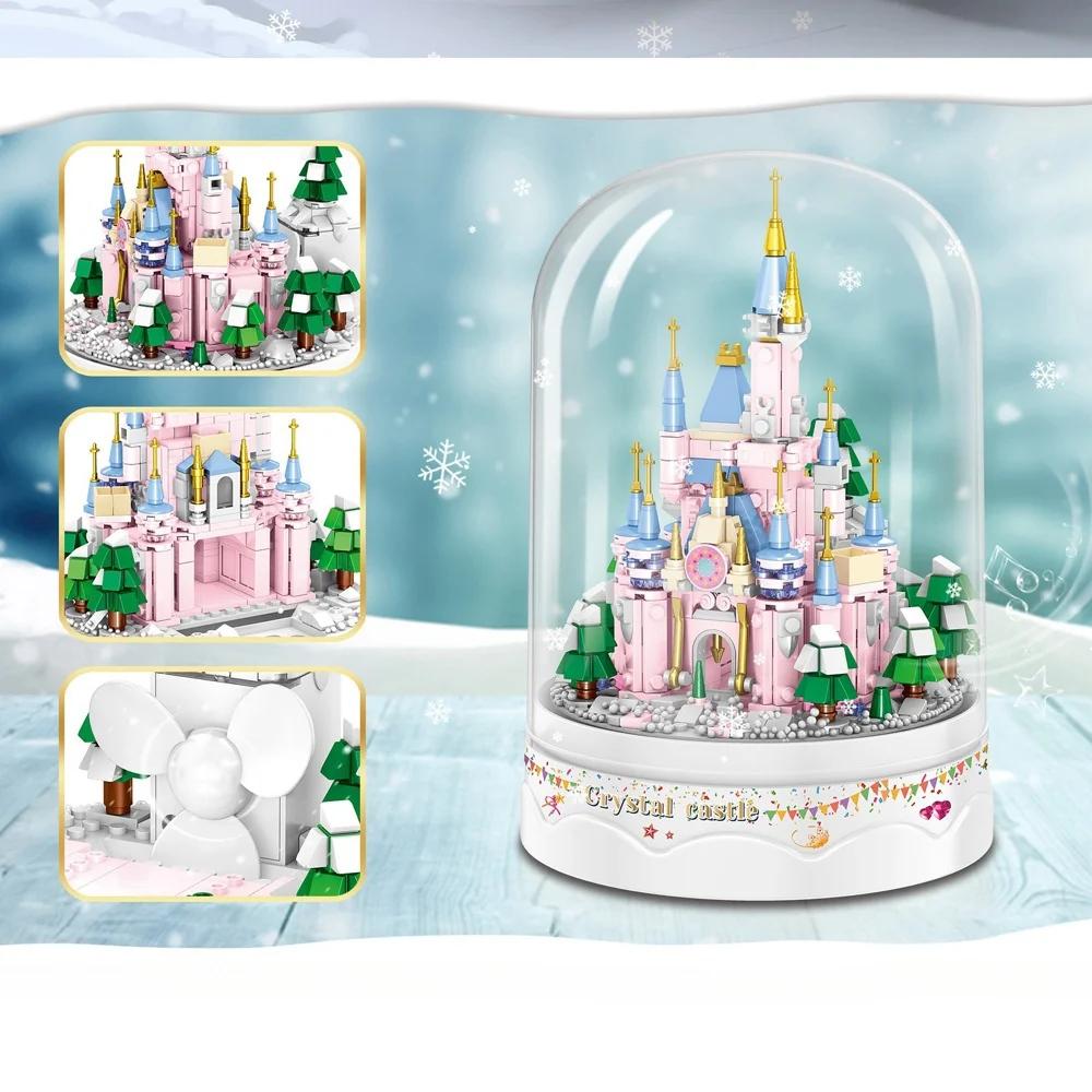 Music Snow Castle Mini Building Blocks DIY Toy with Fan Snow Effect Acrylic Cover Perfect Home Decor Gift for Kids Adults