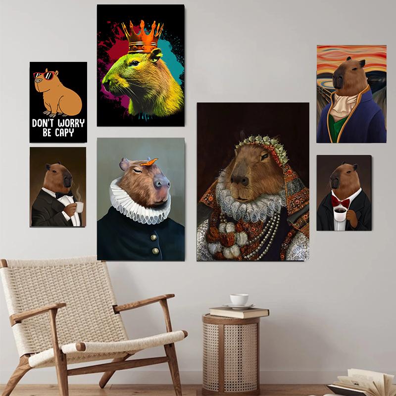 Funny Cute Animal Capybara in Suit Gentleman Drinking Art Posters Canvas Painting Wall Prints Picture for Living Room Home Decor
