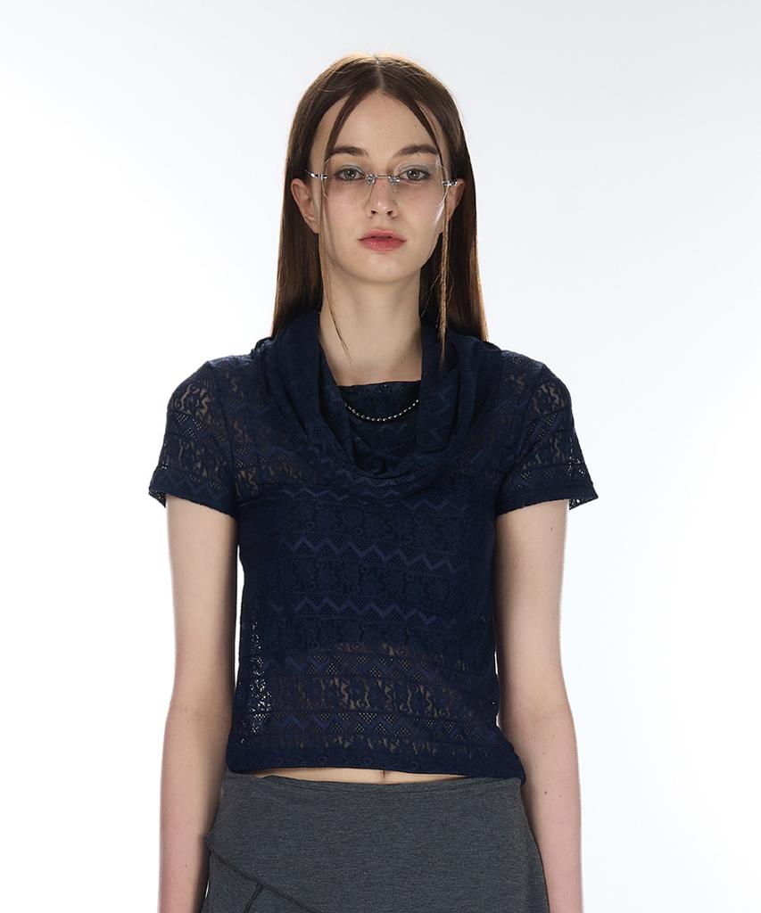 LARTIGENT L12 Cowl Lace T-Shirt(Navy)