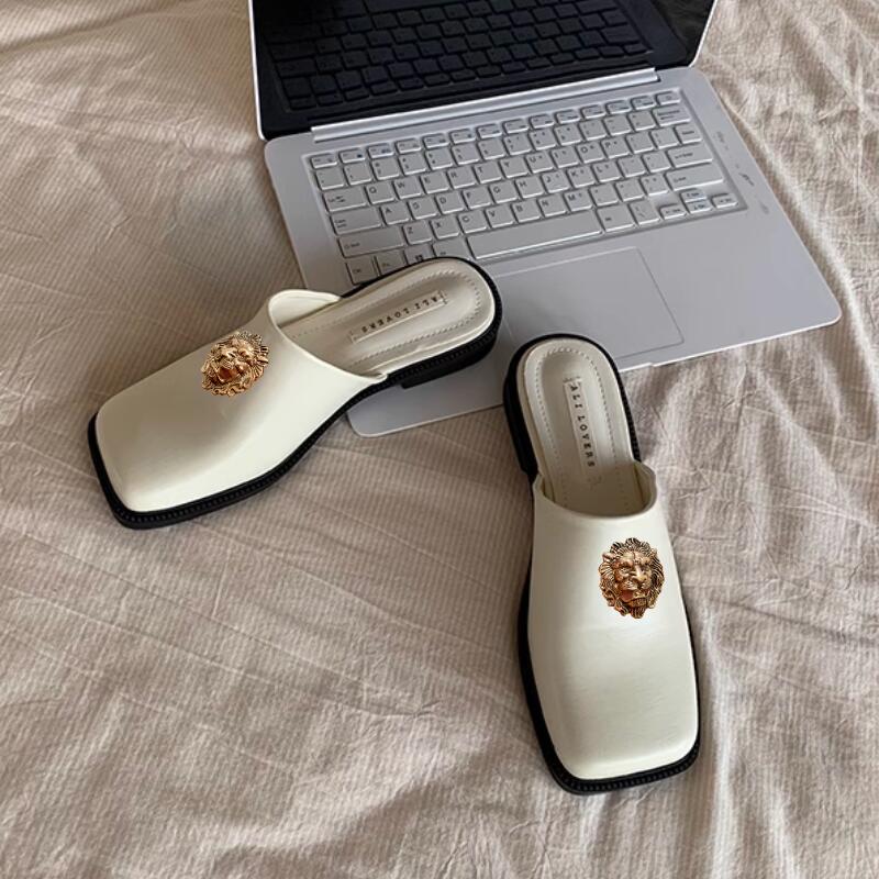 Baotou half slippers women's new French vintage small leather shoes square head single shoe flat soft sole Muller shoes 37