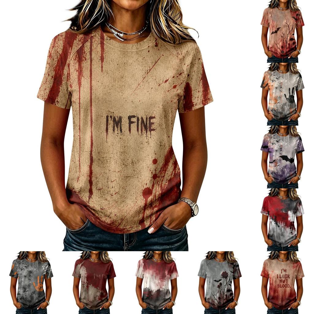 Camiseta Ligera Informal para Mujer con Mangas Raglán, Cuello Redondo y Manga Corta, Estampado Gráfico Temático de Halloween