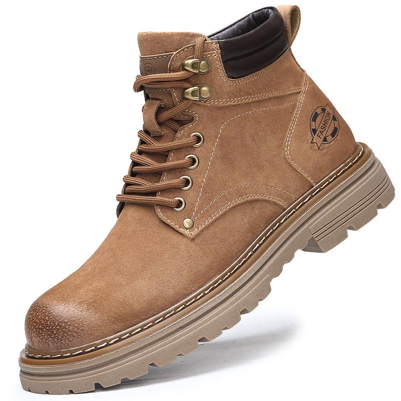 Men's High-Top Warm Genuine Leather Martin Boots - Yellow, Casual Outdoor Hiking & British Work Style for Autumn/Winter