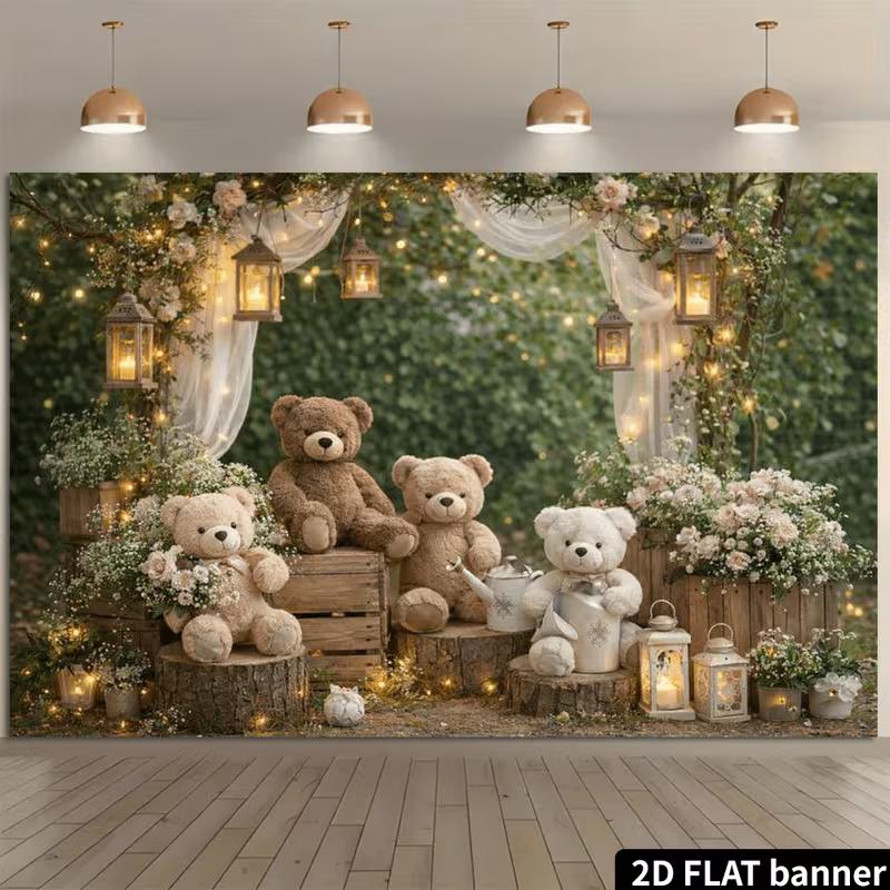 2D Whimsical Woodland Baby Bear Backdrop 2D Flat Print for Baby Showers, Christenings, and Kids Events