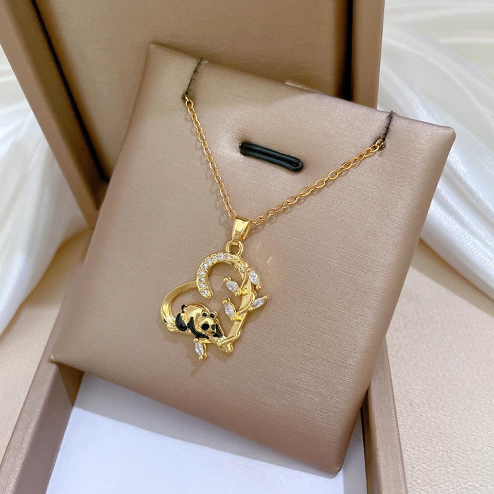 ZAKOL Exquisite Chinese Panda Design Heart Pendant Necklace for Women Girls Buling CZ Female Anniversary Zircon Gift