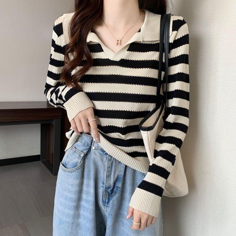Striped Lapel Knitted Sweater Long Sleeved Autumn Slim Fit Versatile Fashion Color Blocked Outerwear Base Top