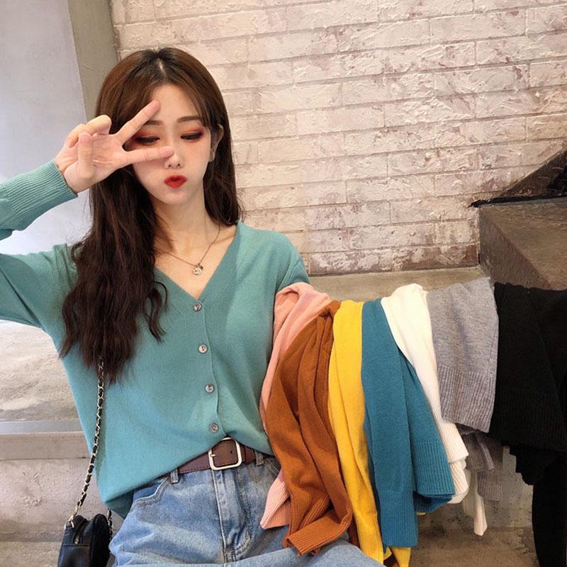 Spring and Autumn Thin Women's Knitwear Short Cardigan Western Style V-Neck Versatile Long Sleeve Top