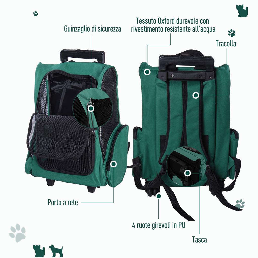 2-in-1 Pet Carrier Backpack for Dogs and Cats with Side Pockets, Telescopic Handle and Wheels, 42x25x55cm, Green