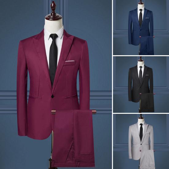 2Pcs/Set Men Business Outfit Lapel Long Sleeve Single Breasted Suit Coat Solid Color Suit Pants Set Slim Fit Workwear