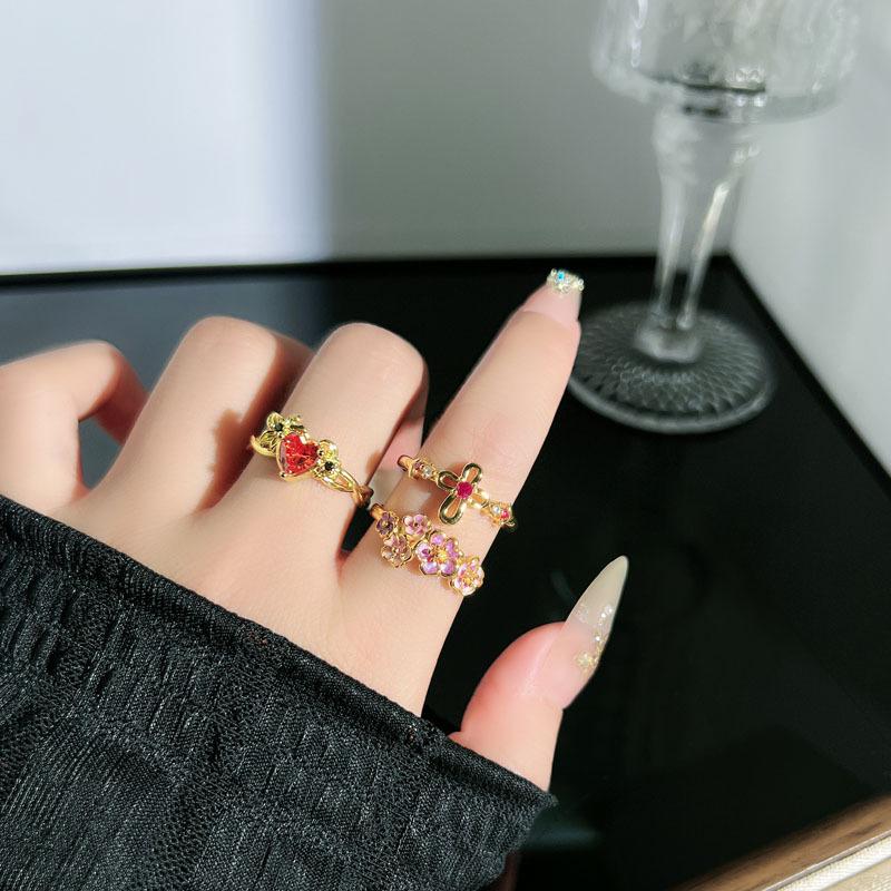 Retro Aesthetic Gemstone Enamel Flower Ring for Women - Light Luxury Ins Cool Style Index Finger Accessory