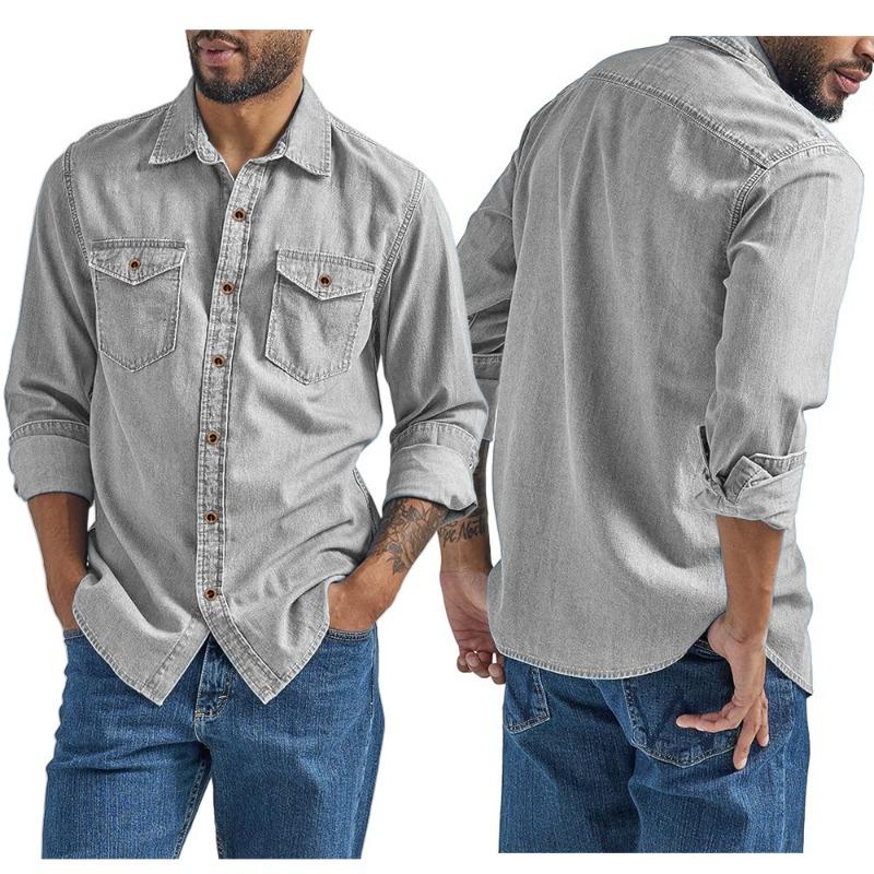 

Men Vintage Wash Denim Shirt Casual Long Sleeve Button Up Pocket Top L