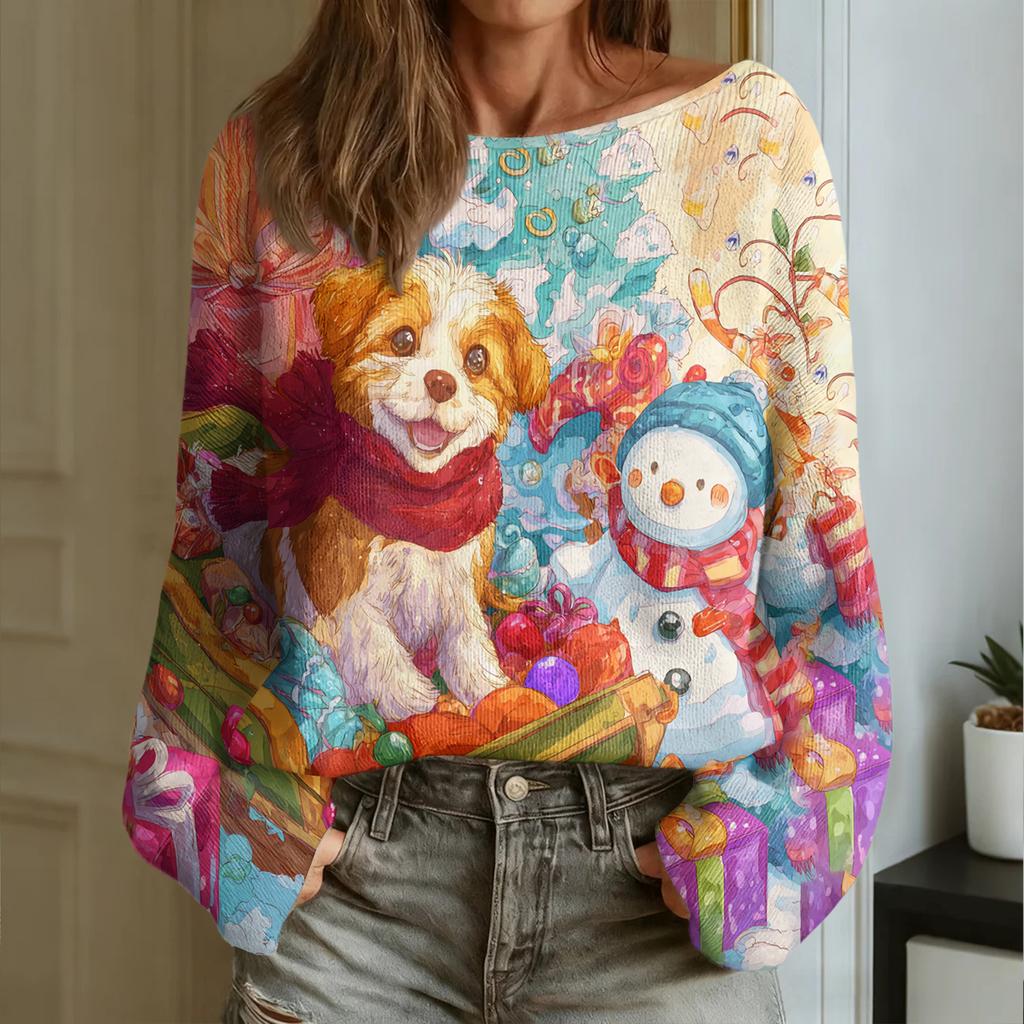 Maglia da donna alla moda a girocollo a maniche lunghe con stampa natalizia casual