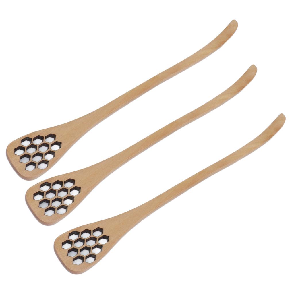 3Pcs Honey Dipper Reusable Wooden Carving Honey Spoon Mixing Stick for Home Kitchen RestaurantWood Color