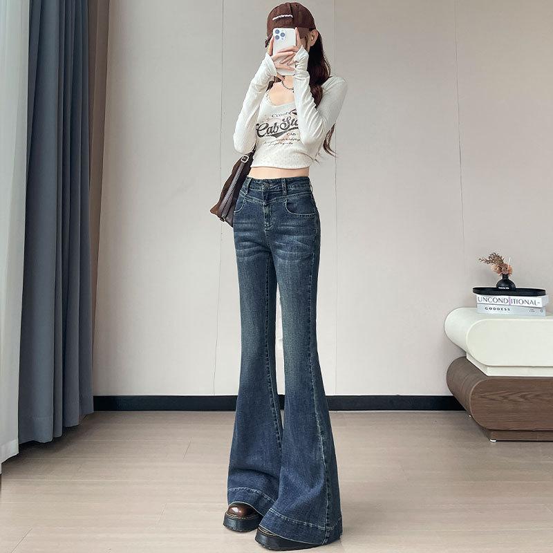 High-waisted and slightly pulled jeans women's autumn and winter American retro slim-fitting horseshoe horn pants