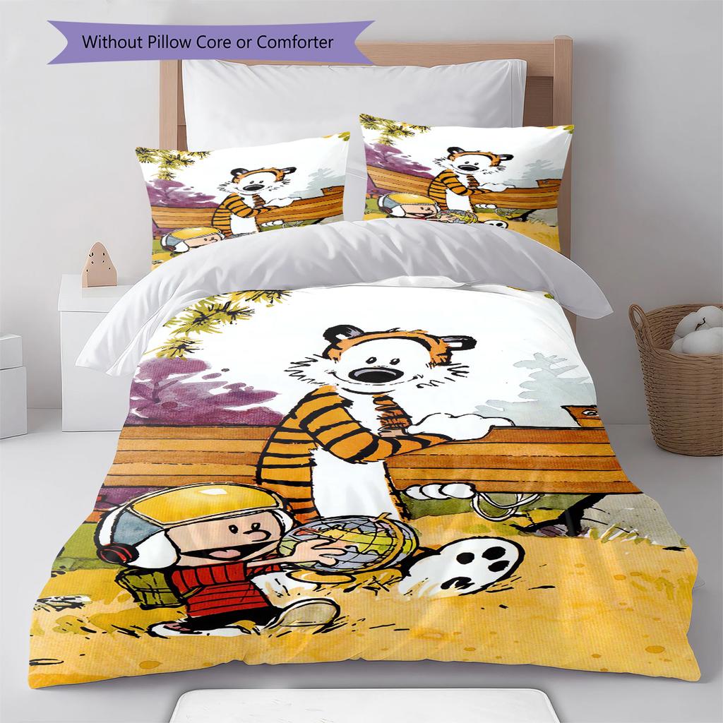 Calvin and Hobbes Pattern Bedding Quilt Set Quilt Cover Pillowcase Home Decoration Gift (1 * Duvet Cover + 2 * Pillowcase, Without Core)