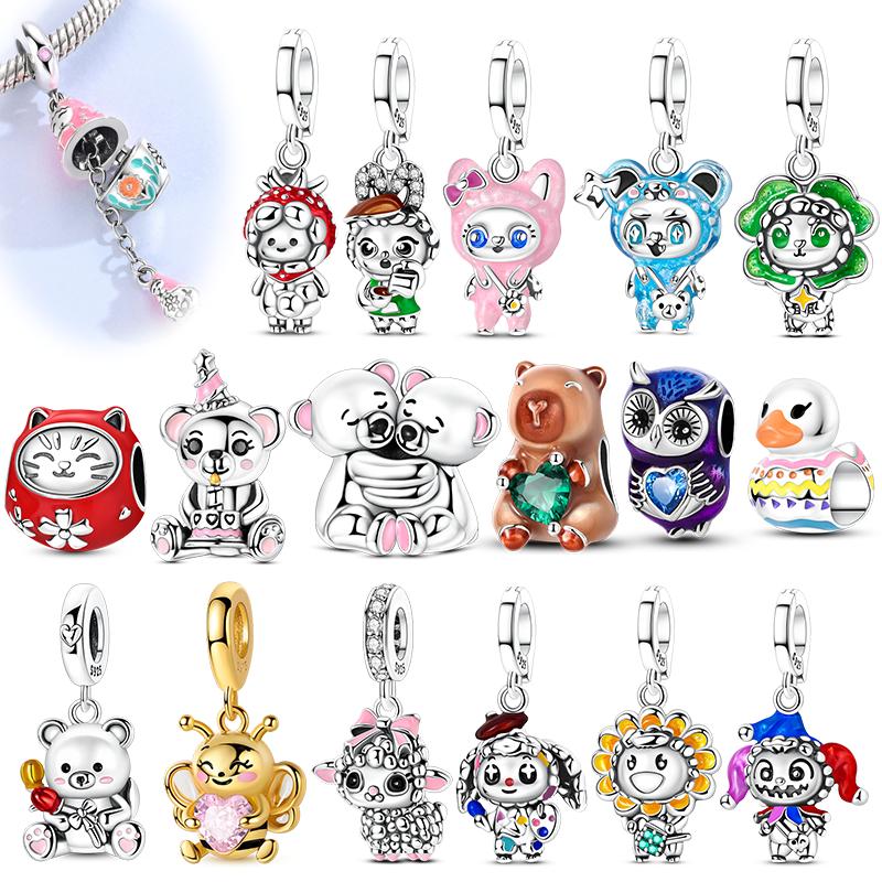 925 Silver Beads Bear Guinea Pig Owl Bee Sheep Dangle Fit Original Bracelet Making For Woman Jewelry DIY Gift