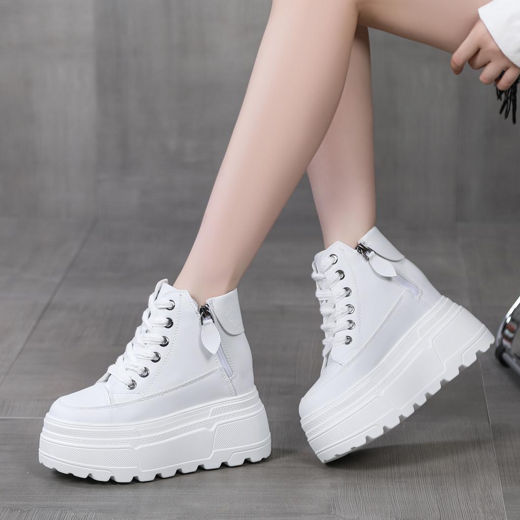 Herbst/Winter Keilabsatz Kurze Stiefel für Damen 10CM Dicke Sohle Seitliches Reißverschlussdesign Versteckte Plateauschuhe für kleine Frauen