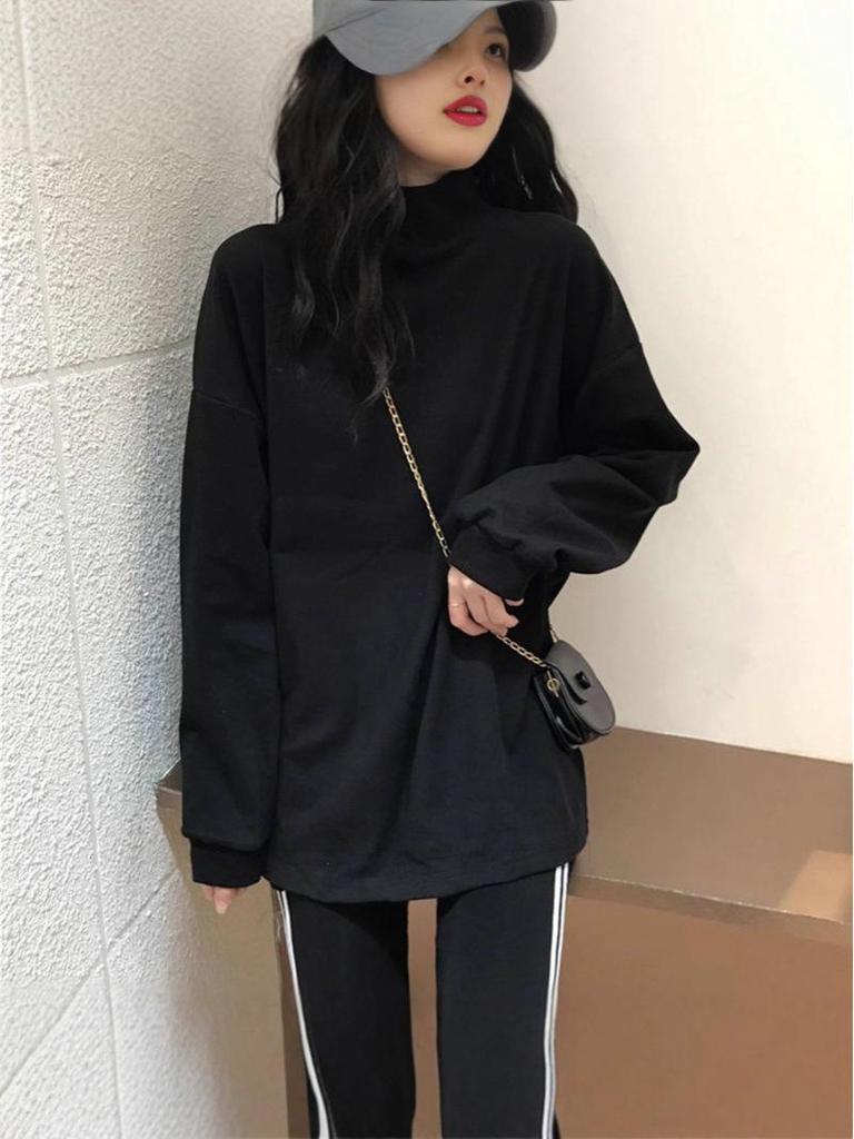 Women's Plus Size Long Sleeve T-Shirt, Thick Warm Fleece, Half-High Collar, Belly-Covering Base Layer for Autumn/Winter