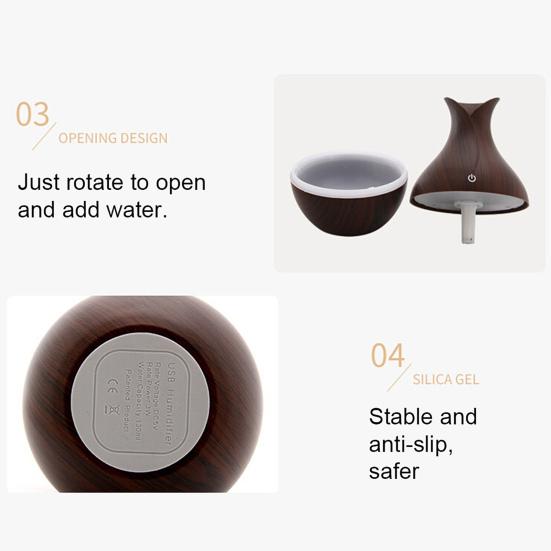 Mini Nawilżacz Powietrza Kształt Wazonika z Drewnianym Wzorem Cichy Zimna Mgiełka USB Biurkowy Dyfuzor do Samochodu Biura Pokoju Sypialni