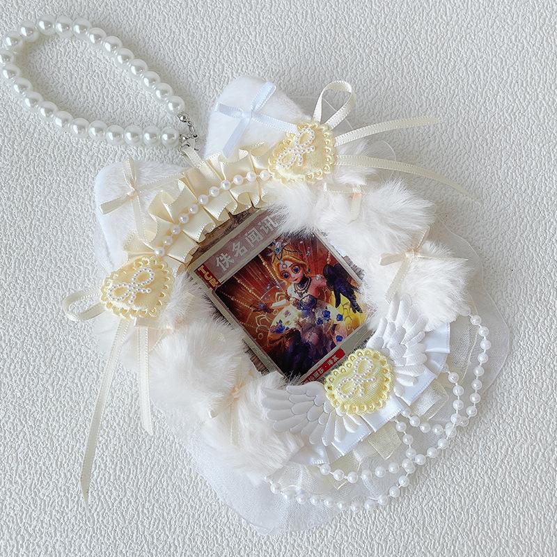 Cute Cat Ears Photocard Frame with Pearl Chain Handmade Lace Kpop Idol Card Holder 3 Inch Card Sleeves for Girls Bag Pendant New