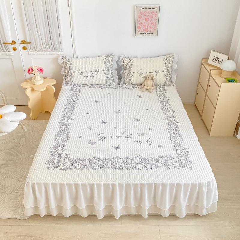 Παχύ στρώμα ύπνου από λάτεξ, σετ τριών τεμαχίων με βολάν κρεβατιού, μικρό φρέσκο, υψηλής ποιότητας δαντέλα σιφόν, πλένεται και διπλώνεται.