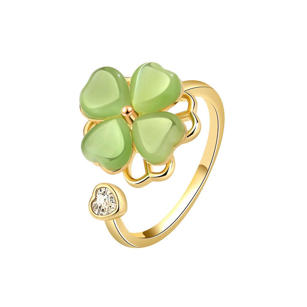 Green Cat Eye Clover Adjustable Ring With Geometric Design For Womens Fashion Accessories