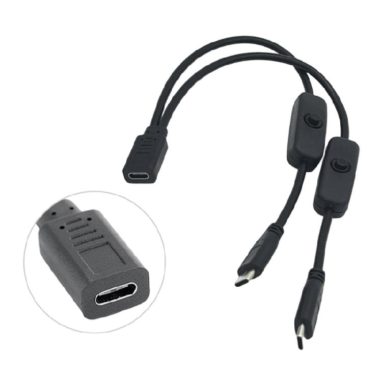 USB C Female Input to Two Male Output Power Cable with Separate On/Off Control, Integrated Assembly, 5V Rating, and Support for Two-Device Power Cord