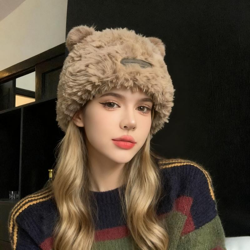 Brief Niedlich Kleine Bärenohren Einfarbig Weiche Plüschmütze Damenmode Winter Verdickt zum Warmhalten Ohrenschutz Gestrickt Mütze ohne Schirm