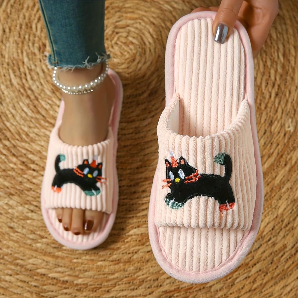 Cute Cartoon Cat Slip-On Slippers with Santa Hat & Striped Design - Non-Slip EVA Sole, Soft Fabric Indoor House Shoes for Men & Women,