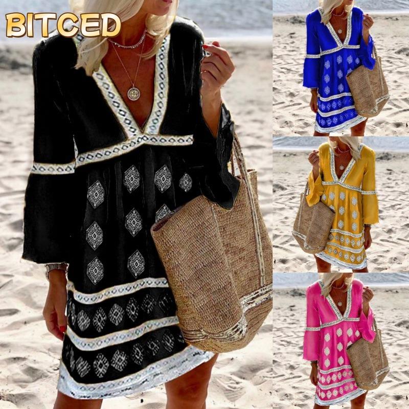 BITCED Fashion Summer Spring 3/4 Sleeves V-Neck Casual Dresses
