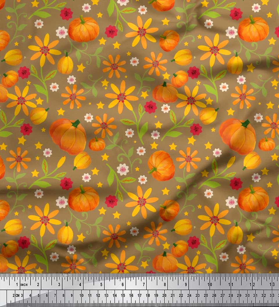 

Soimoi Японія Креп Сатин Тканина Листя, квіти та гарбуз Овочевий принт швейна тканина метр 42 дюйма 42 Inch Wide - Poly Crepe коричневий