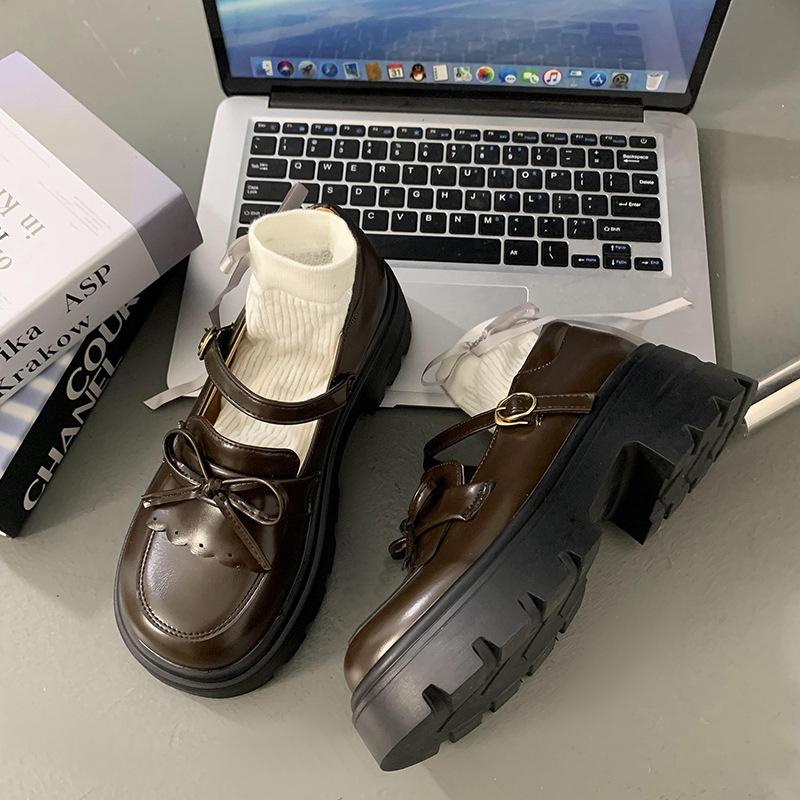 

Коричневые французские ретро-туфли на платформе с бантом, женские кожаные туфли 2025 года, универсальные летние туфли Мэри Джейн 39 коричневый