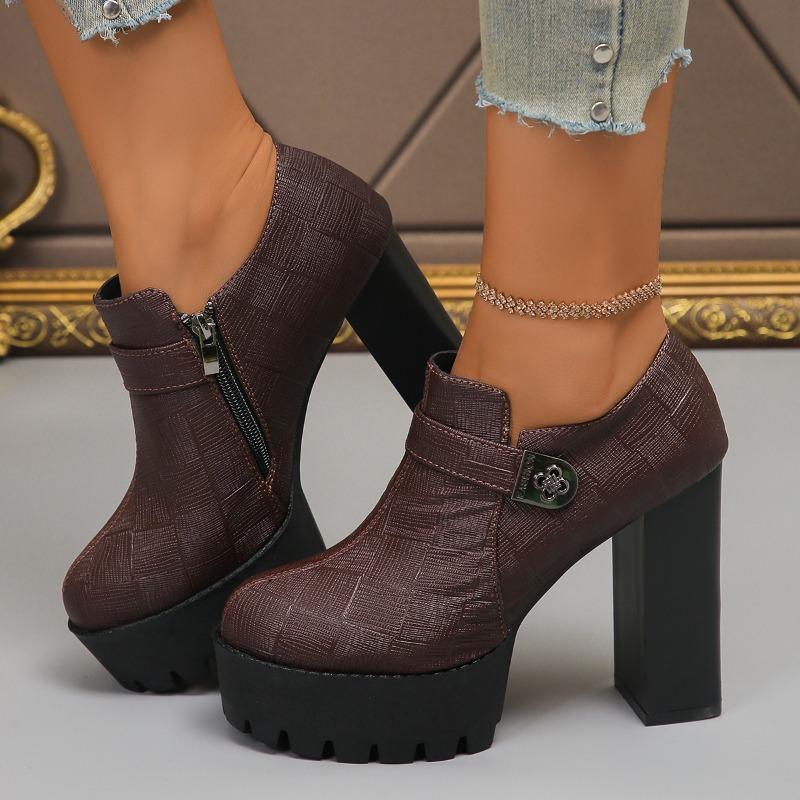 Fashion Winter New Coarse Heel Shoes Women's Fashion Round Head Thick Sole Side Zipper Anti-slip Wear-resistant High Heels