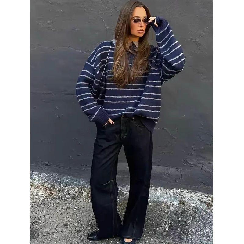 Retro Tone American Style Lazy Feeling Loose Contrast Color Stripe Pullover Versatile Sweater Preppy Knit Top
