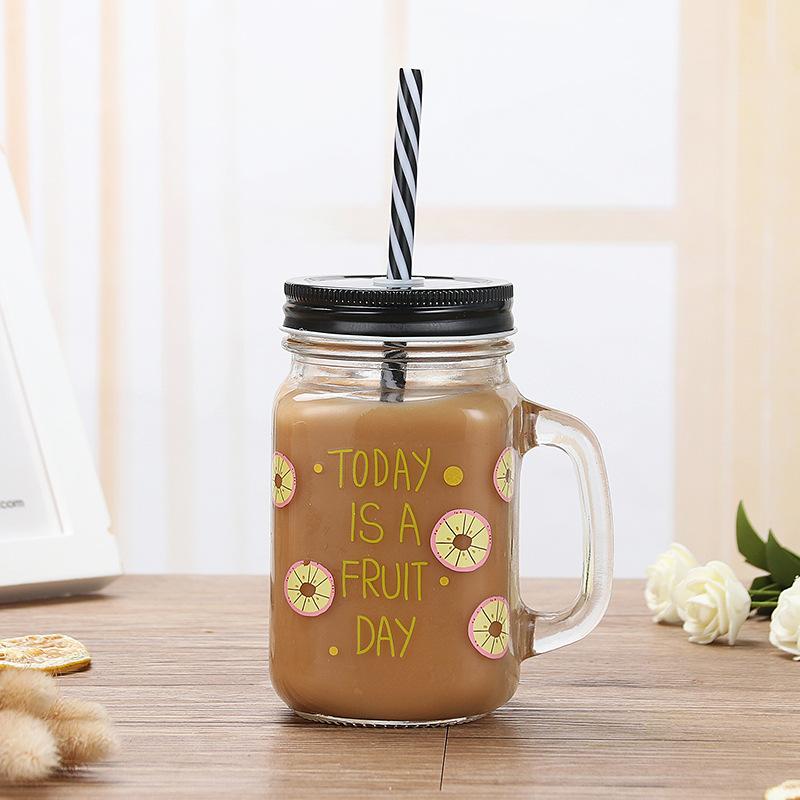 Summer Fruit Creative Mason Jar Cold Drink Glass Cup Juice Beverage Cup with Lid 500ml