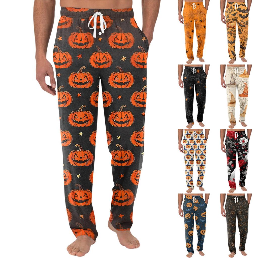 Pánské pletené ležérní kalhoty s kapsami a halloweenským potiskem, pyžamové kalhoty