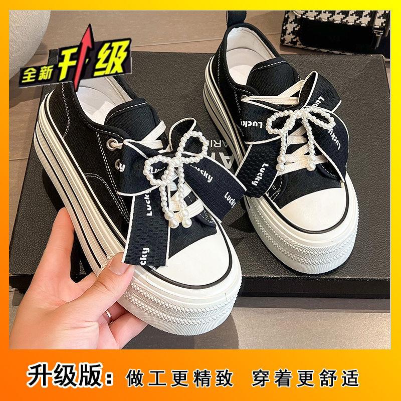 ins student versatile comfortable round head board shoes bow beaded platform canvas shoes white shoes 2025 new