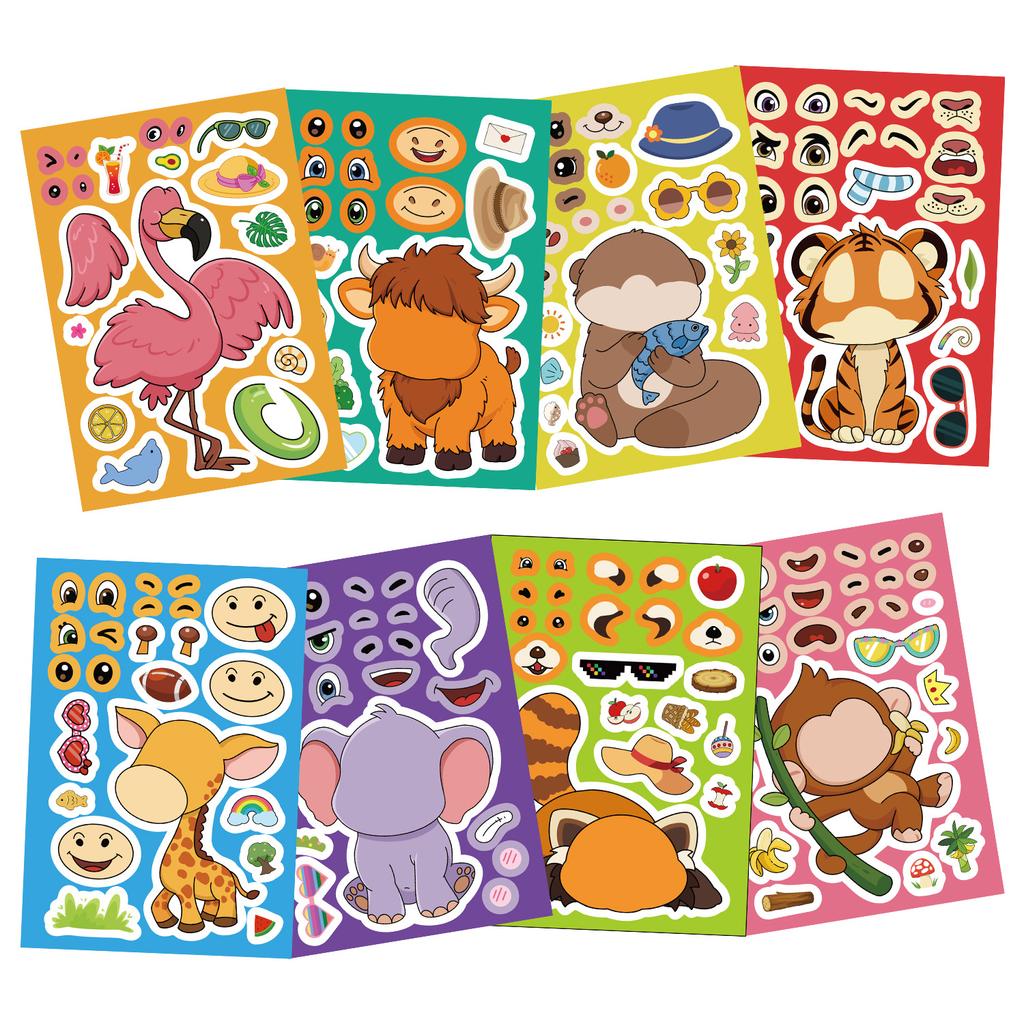 8Sheets Children DIY Puzzle Sticker Games Animals Make A Face Assemble Jigsaw Stickers Kids Educational Toys