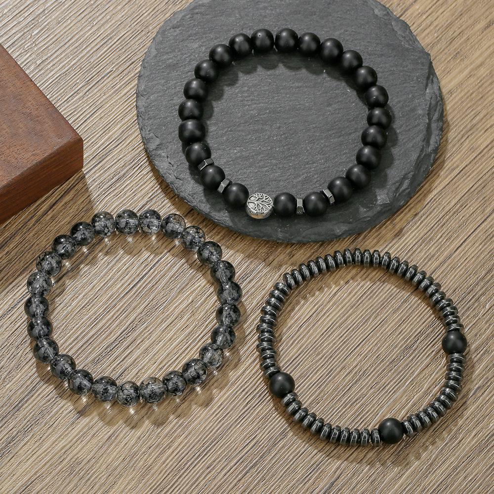 Men's Retro Hip Hop Black Agate Beaded Bracelet Set