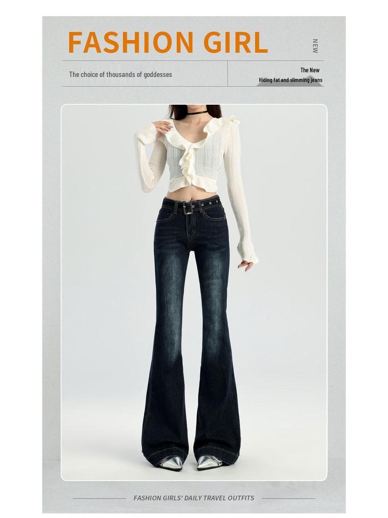 Women's Stretchy Blue-Gray Retro Micro-Flare Jeans with Belt