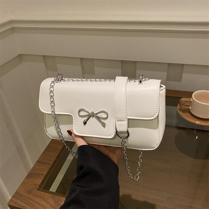 Chain Bow Solid Color Commuter Shoulder Handbag Women's 2025 New Underarm Crossbody Small Square Bag