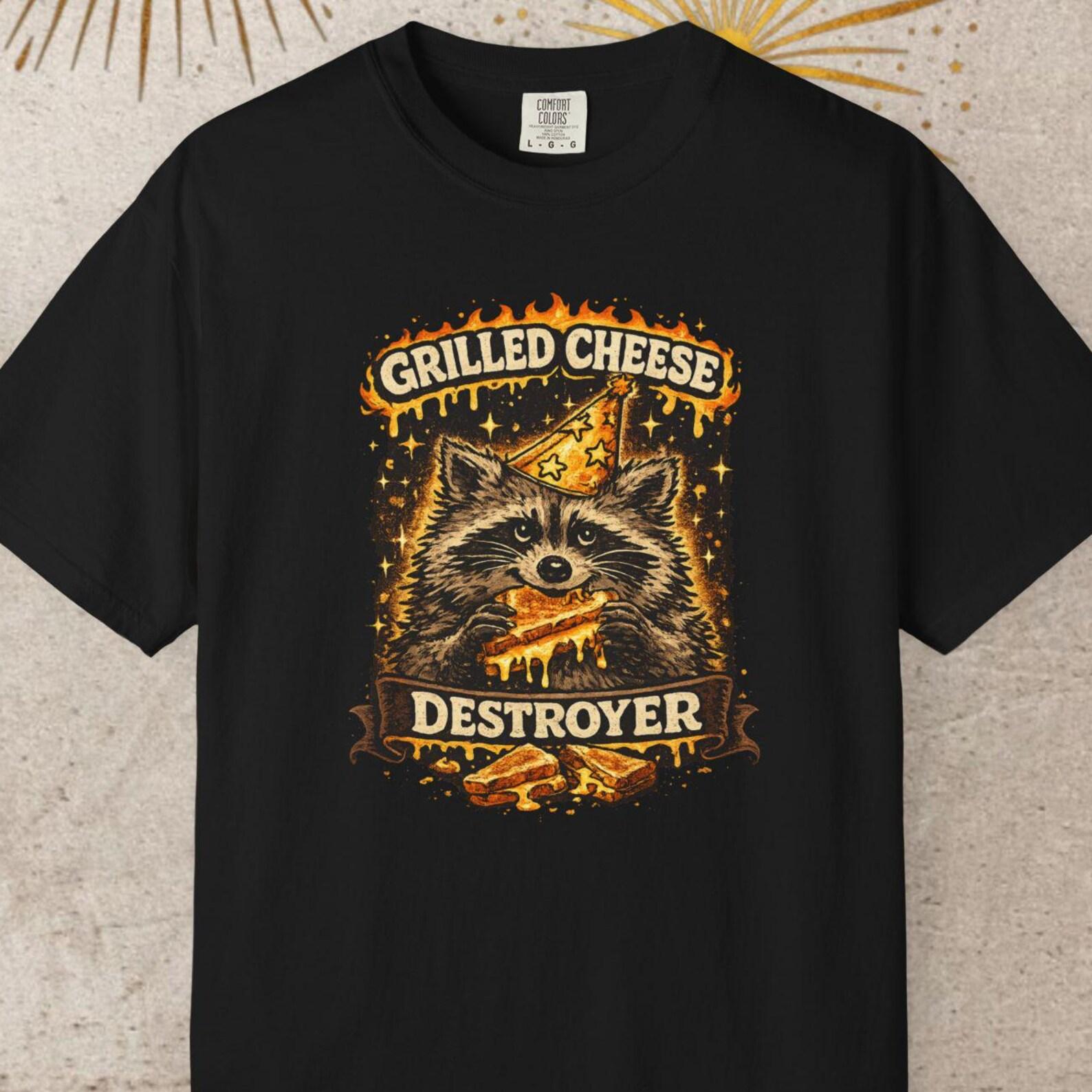 Grilled Cheese Destroyer Shirt, Comfort Colors Funny Raccoon Tee, Trash Panda Food Lover T shirt, Cute Chaos Meme Top, Gift For Foodies M