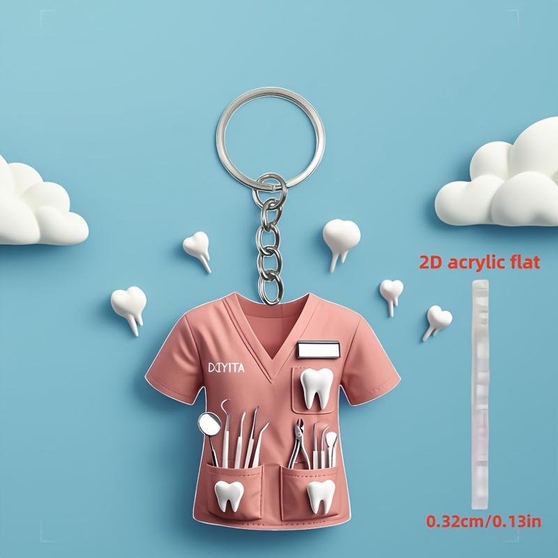 2D Acrylic Dentist Keychain Charming Pink Costume Design with Dental Tools, Waterproof Acrylic, Ideal Gift for Female Dental Professionals