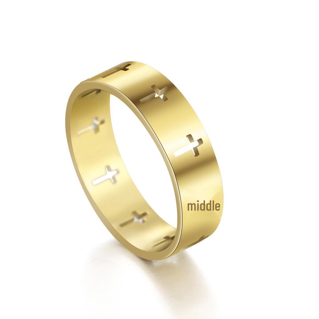 Faith Jewelry: European & American Style Hollow Cross Ring – Polished Stainless Steel Band for Men & Women
