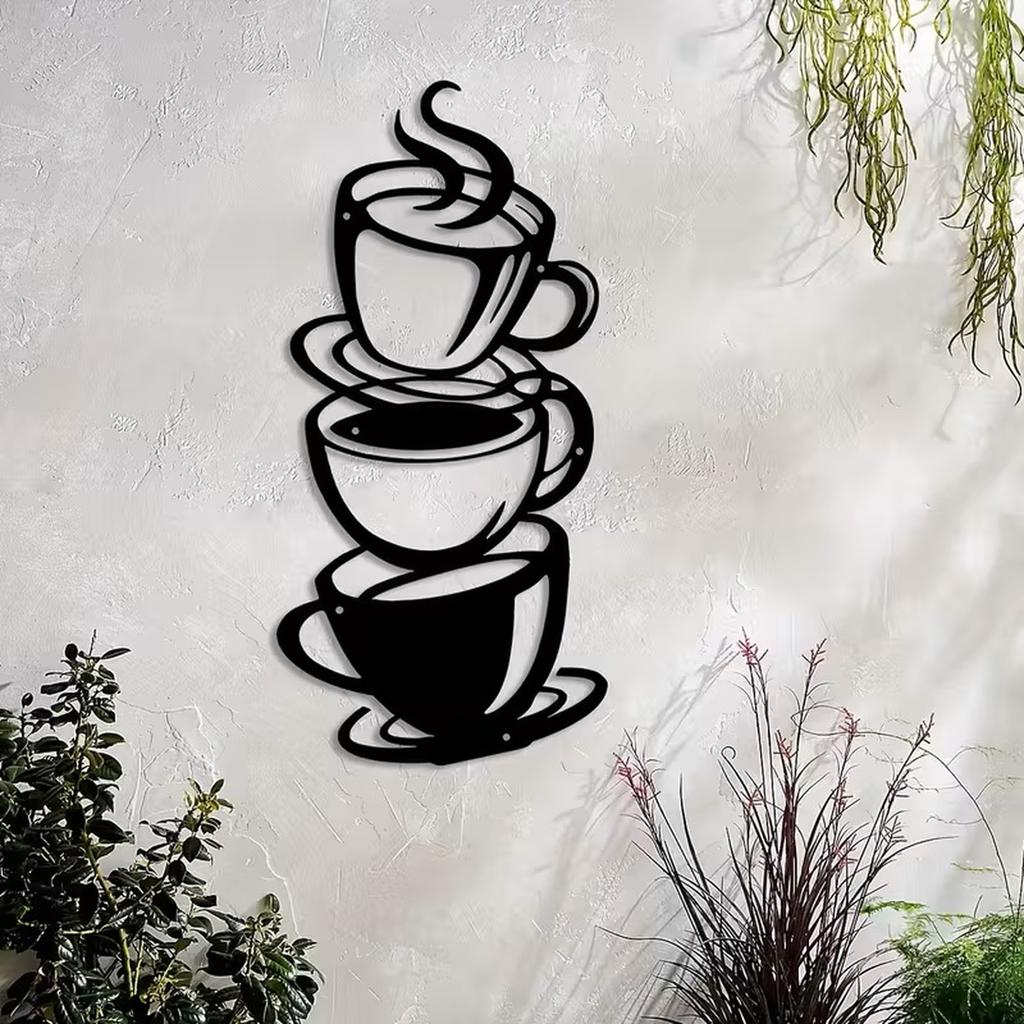 Creative Iron Wall Art Decor Stack of Coffee Cups Outdoor Garden Metal Wall Hanging Sculpture for Patio Balcony Decoration