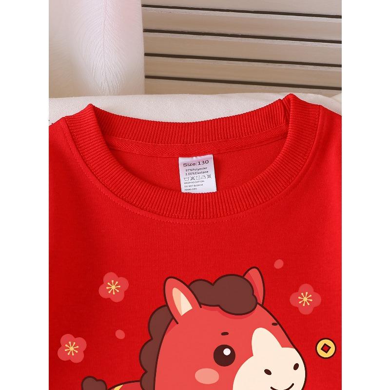Kids Sweatshirt Crewneck Sweatshirt Red Horse with Golden Flowers And Clouds Machine Washable, Spring And Autumn