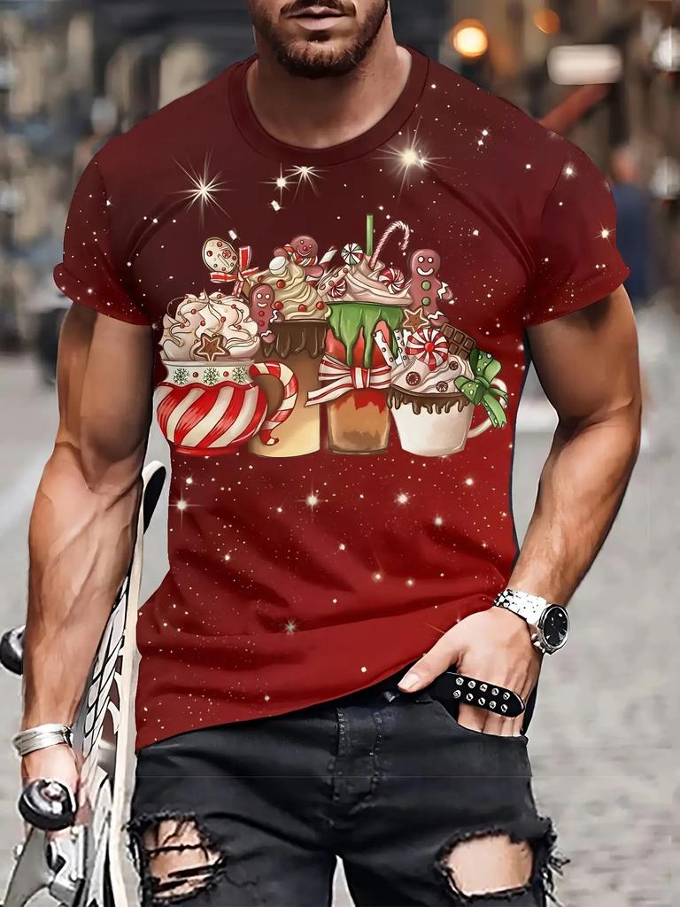 Men's Christmas T-Shirt 3D Print Santa Claus Reindeer Short Sleeve Casual Tee Top