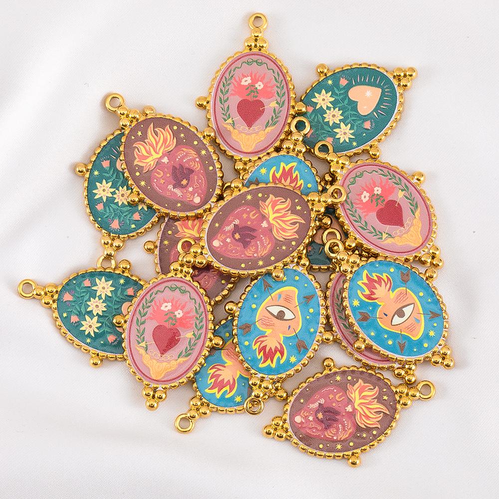2pcs Stainless Steel Charms Heart Printed Stainless Steel Pendants Gold Plated Enamel Eye Charm Making Necklace Jewelry Making