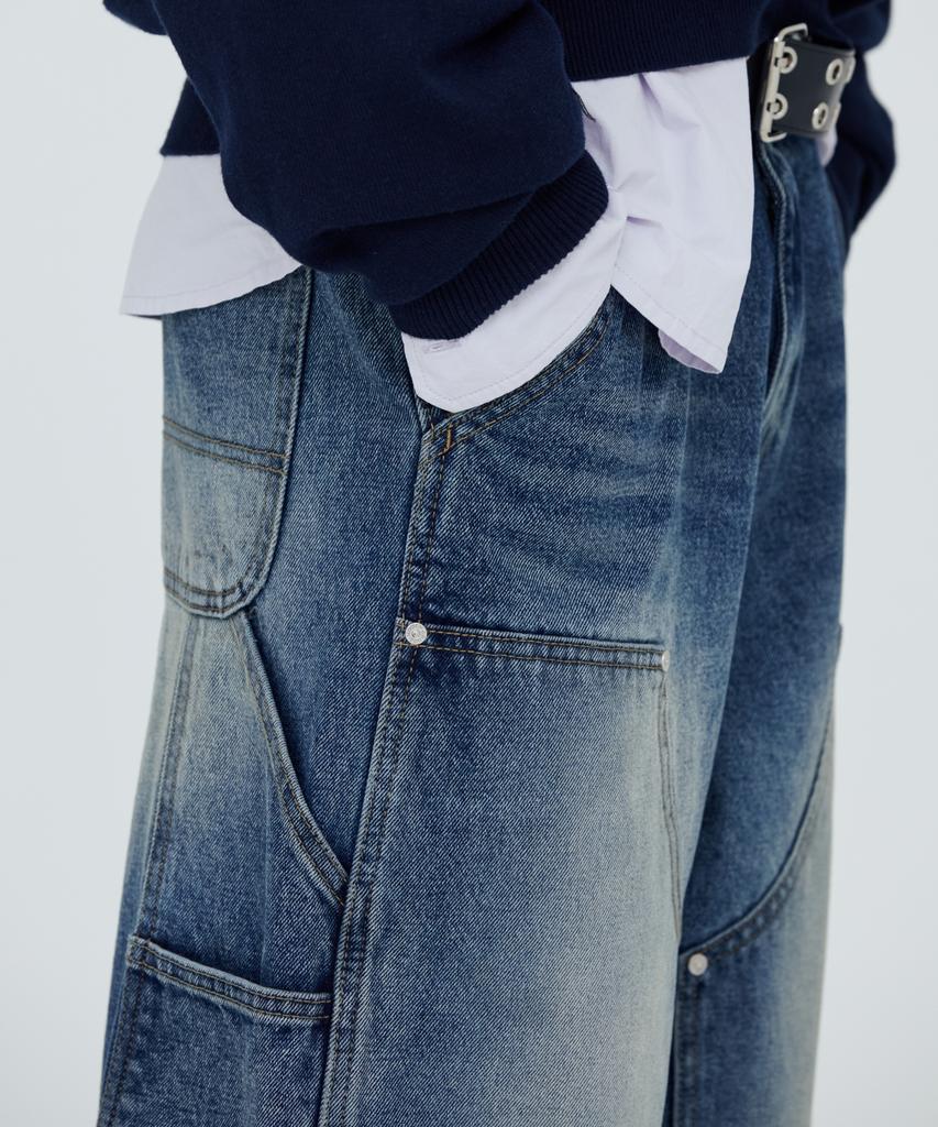 Modenaleudeo Double Knee Wide Denim Pants (Medium Blue)