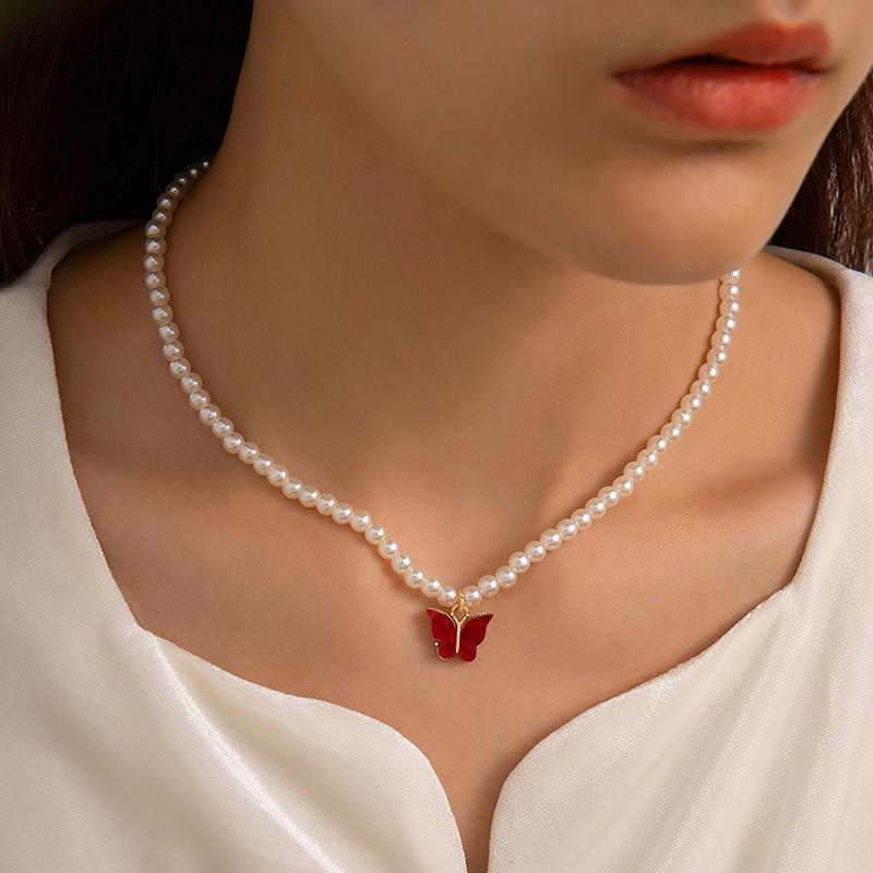 

Урожай елегантний перловий короткий кольє-чокер рожевий метелик кулон для жінок вечірка річниця подарунок романтичні ювелірні вироби