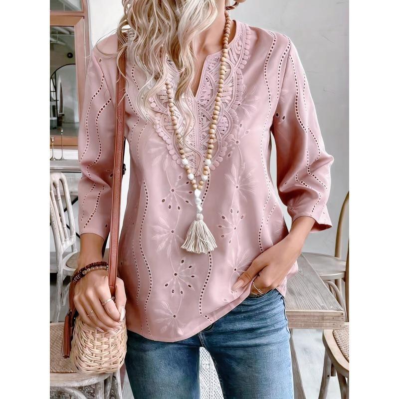IHUASU Women's Fashion Casual Solid Color Print Long Sleeve V Neck Blouses & Shirts